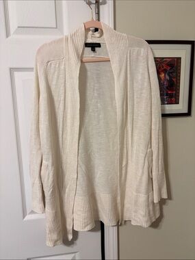 Banana Republic Off-White Linen Blend Open-Front Ribbed Shawl Cardigan